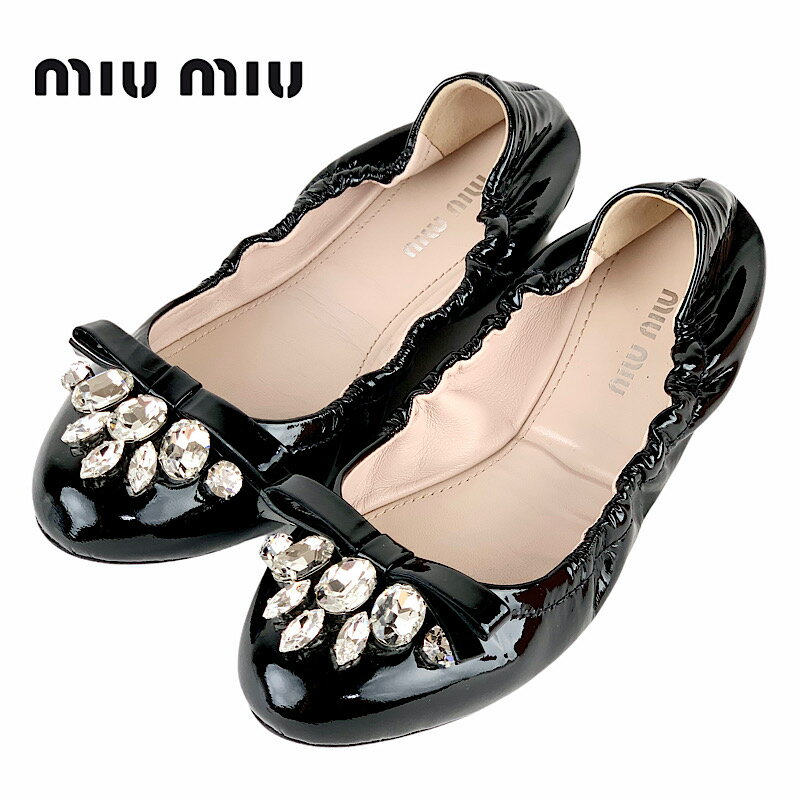 ミュウミュウ ミュウミュウ MIUMIU フラットシューズ スリッポン 靴 シューズ パテント ブラック バレエシューズ ビジュー リボン