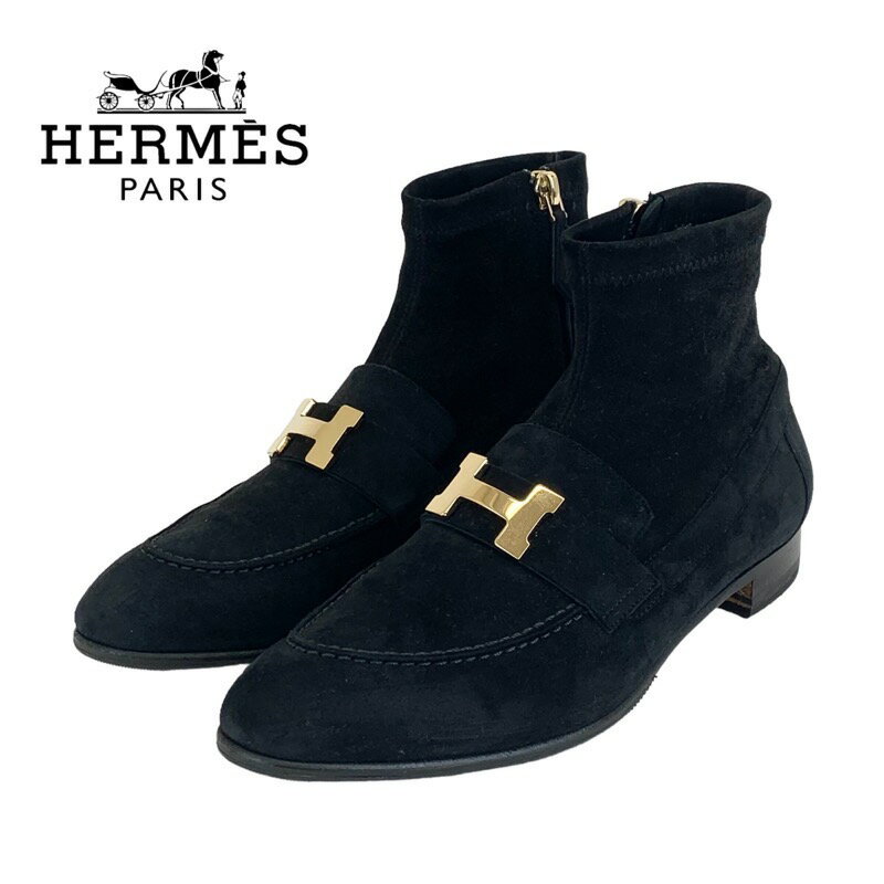 エルメス HERMES サントレーノ ブーツ ショートブーツ 靴 シューズ スエード ブラック ゴールド H金具