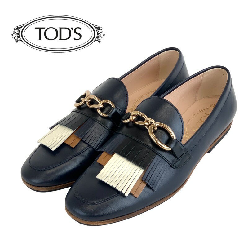 トッズ TODS ローファー フラットシューズ レザー フリンジ チェーン ネイビー