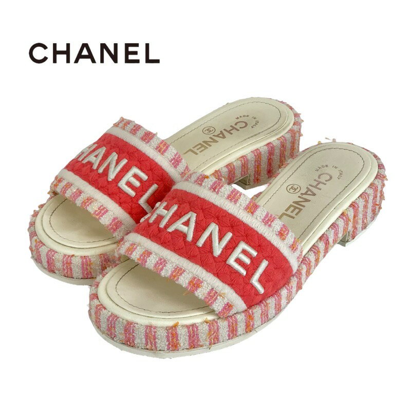 シャネル CHANEL サンダル 靴 シューズ ファブリック ピンク ホワイト ミュール ココマーク ロゴ 刺繍 ストライプ