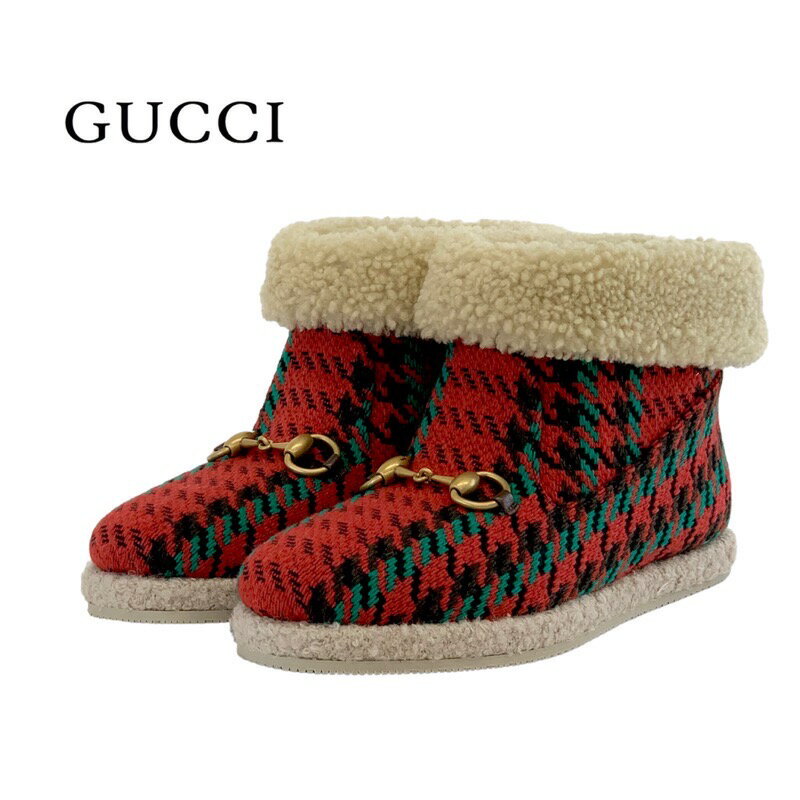 グッチ GUCCI ブーツ ショートブーツ 靴 シューズ ウール ムートン レッド グリーン ブラック 未使用 ..