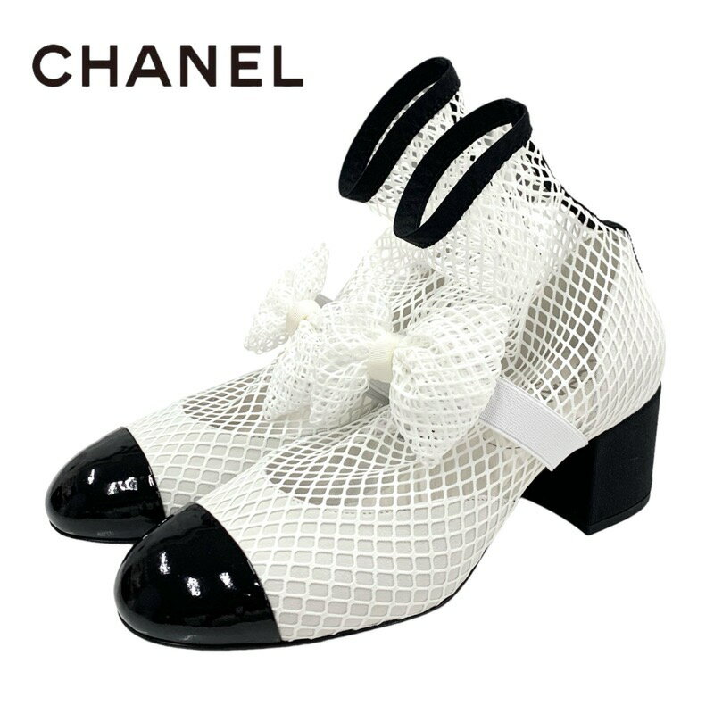 シャネル シャネル CHANEL メリージェーン パンプス 靴 シューズ メッシュ パテント ホワイト ブラック 未使用 リボン ココマーク