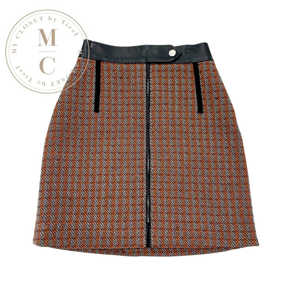 エルメス HERMES ボトムス オレンジ ブラック シルバー チェック ミニスカート