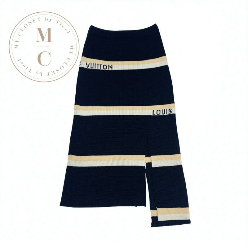 ルイヴィトン LOUIS VUITTON ボトムス ウール ブラック ホワイト ベージュ スカート ロゴ ニット アシンメトリー ミドル