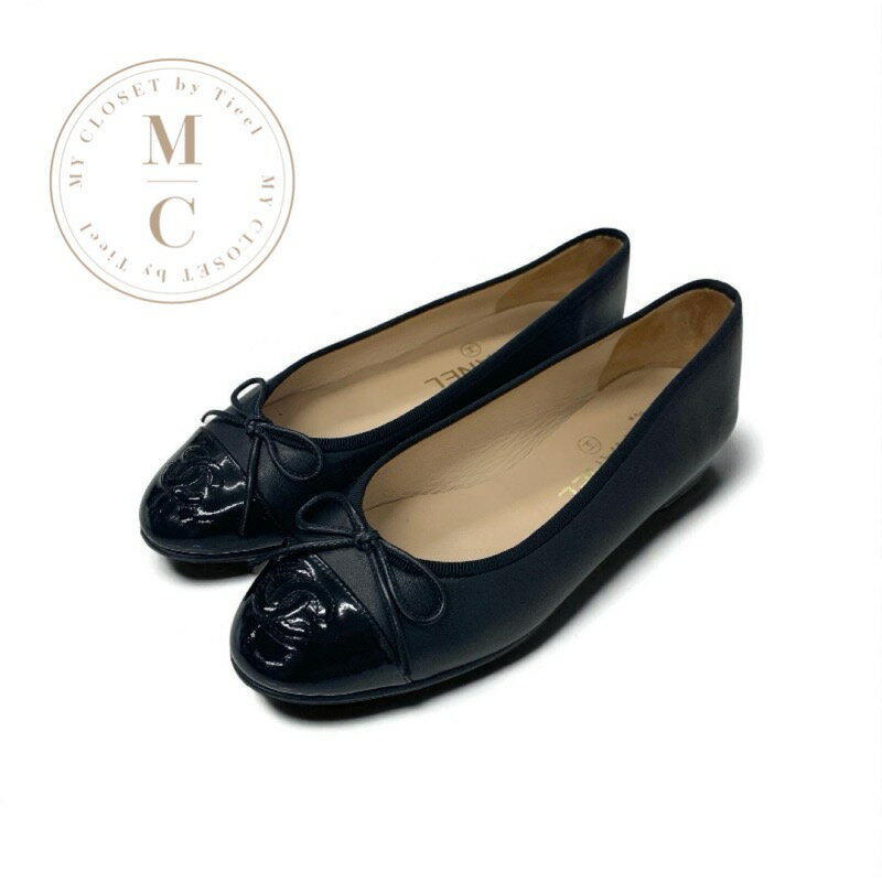 シャネル CHANEL フラットシューズ 靴 シューズ レザー パテント ブラック 黒 ココマーク リボン バレ..