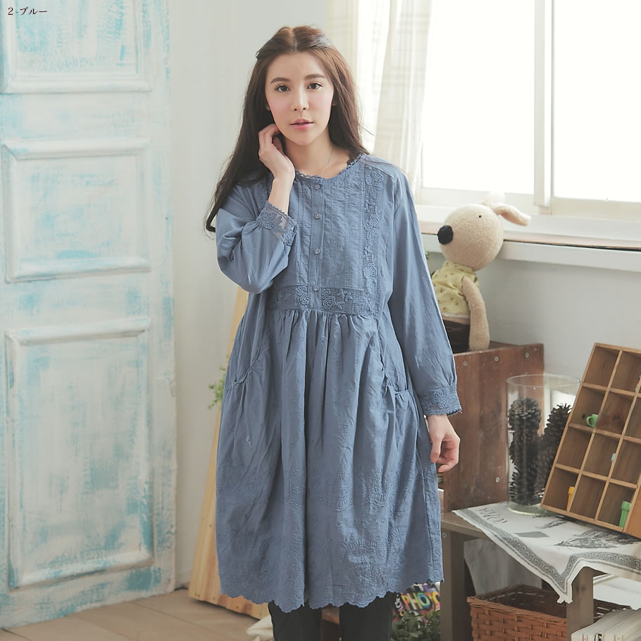 【完売御礼】【016029】 長袖 刺繍 レース コットン ロング Aライン ワンピース