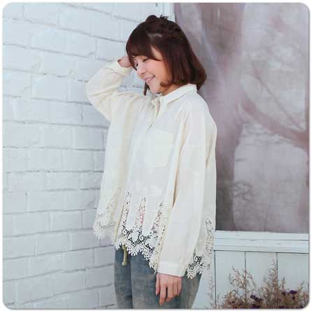 【完売御礼】コットン 長袖 刺繍レース シャツ ブラウス【4403】