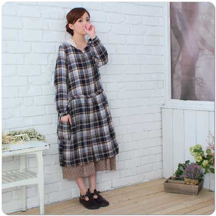 【完売御礼】ガーゼ コットン チェック 長袖 Aライン ロング ワンピース【4461】
