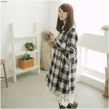 【完売御礼】長袖 刺繍 レース タートルネック コットン ロング ワンピース【5454】