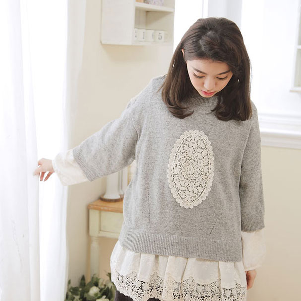 【完売御礼】【033013】 7分袖 刺繍 レース 2in1 コットン ニット セーターのサムネイル