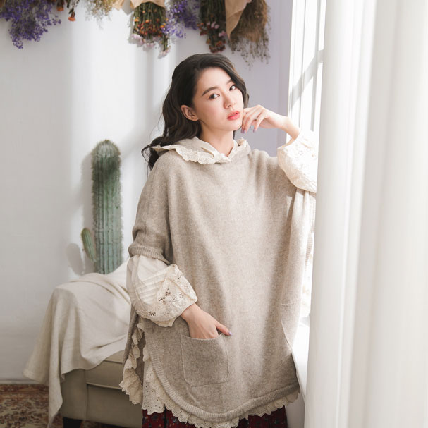 【完売御礼】【060001】 刺繍 レース ウール ニット ポンチョ パーカーのサムネイル