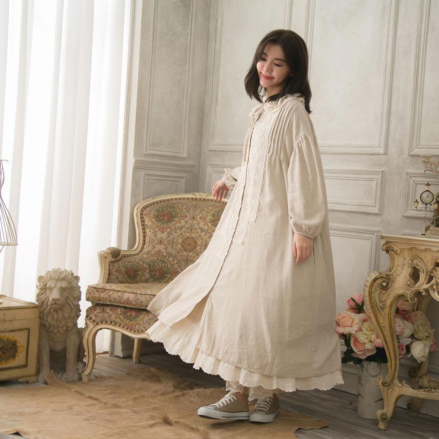 【完売御礼】 ワンピース リネン コットン レディース ロング 七分袖 ベージュ ベイジ 2way コート ワンピ 刺繍 レース ロングワンピース 無地 コットンリネン 天然素材 7分袖のサムネイル