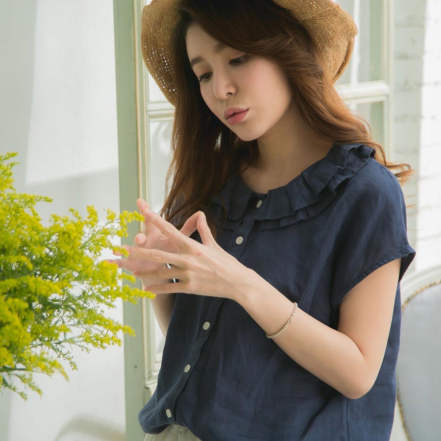 【完売御礼】 トップス ブラウス リネン レディース フレンチスリーブ ネイビー 紺 無地 麻100% リネン100% 天然素材 【COM】のサムネイル