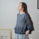 日焼け対策もおしゃれに叶える7分袖、刺繍が引き立てる洗練されたスタイルを楽しむ【 リネン100% 麻100% 】【 墨 薄黒色 】全3色上代\8,480 (税別)