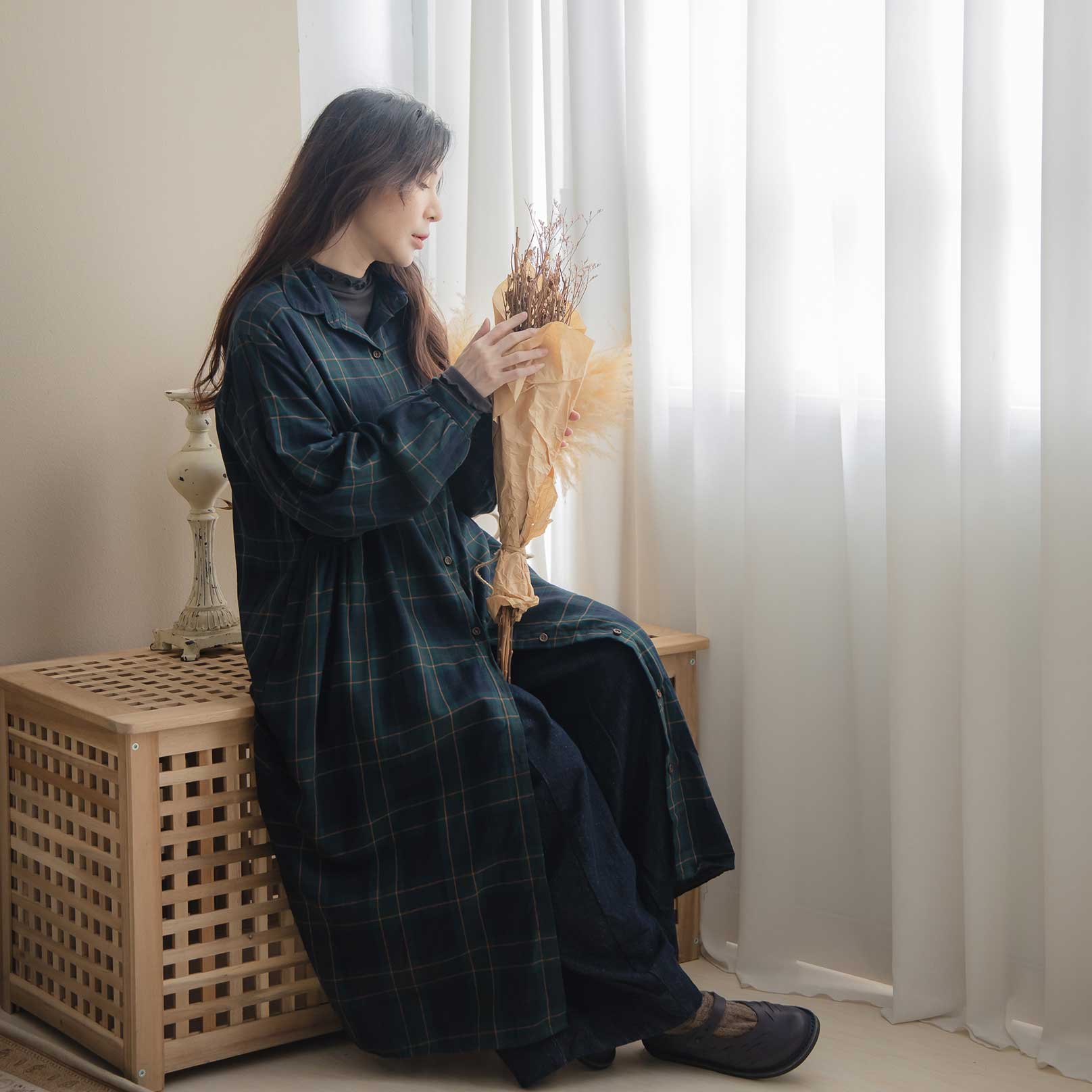 ワンピース「“知的な落ち着き”を羽織る。」【シャツワンピース 秋冬 チェック柄】コートにもなる2WAY、3シーズン着回せる【グリーン 緑色】【コットン100% ...