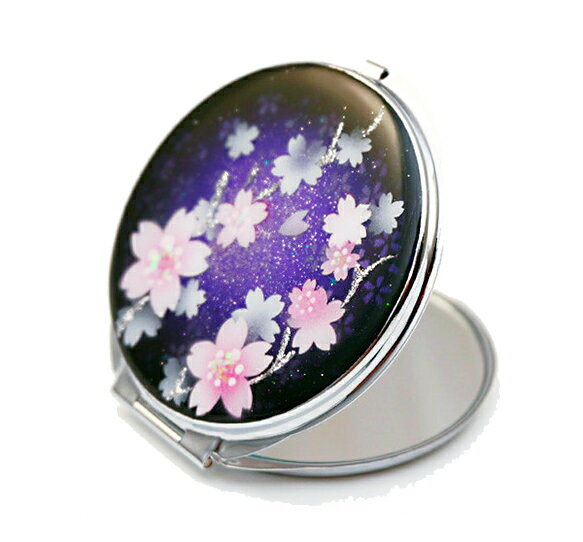 名入れ 無料 手描き プレゼント 鏡 ハンドメイド コンパクトミラー　京都生まれのくりすたるあーと 夜桜