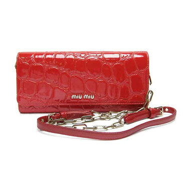 ミュウミュウ MIUMIU 財布 長財布 二つ折り チェーンウォレット レッド ゴールド金具 クロコ型押し パテント レザー 本革 レディース 定番 人気 美品 【保存袋】 【中古】