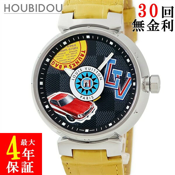 ＼ポイント2倍＆ 最大5万円割引クーポン／ ルイヴィトン LOUIS VUITTON タンブール GM ダミエ ワールドツアー QA063 黒 グレー ラウンド メンズ 腕時計クオーツ ブラック 【中古】