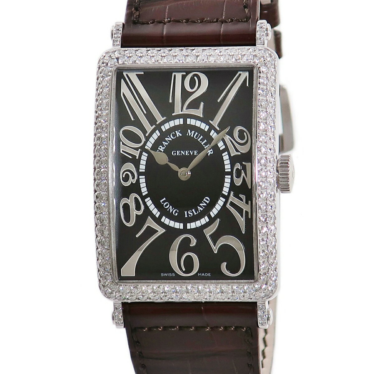 フランクミュラー FRANCK MULLER ロングアイランド レリーフ 1200SC D K18WG無垢 純正ダイヤ 黒 ギヨシェ 角型 メンズ 腕時計自動巻き ブラック 【中古】