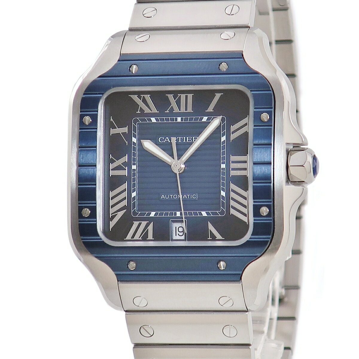 カルティエ Cartier サントス ドゥ カルティエ ラージモデル WSSA0048 未使用 角型 青 溝入り ローマン メンズ 腕時計自動巻き ブルー 【中古】