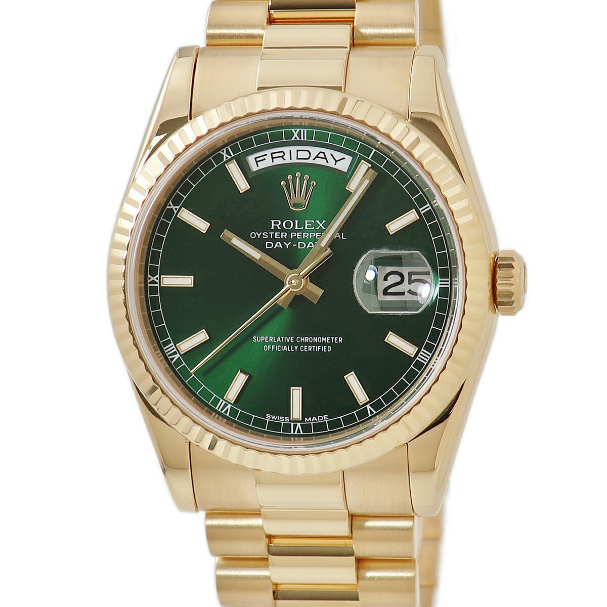 ロレックス ROLEX デイデイト36 118238 メーカーOH済 P番 K18YG無垢 緑 バー プレジデントブレス メンズ 腕時計自動巻き グリーン 【中古】