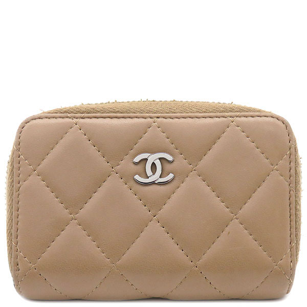 シャネル CHANEL コインケース レザー ベージュ シルバー金具 ブラウン 茶 ミニ財布 【中古】