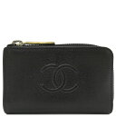 シャネル CHANEL コインケース ジップ コインパース レザー ブラック ゴールド金具 黒 小銭入れ キーリング付き 25******【中古】