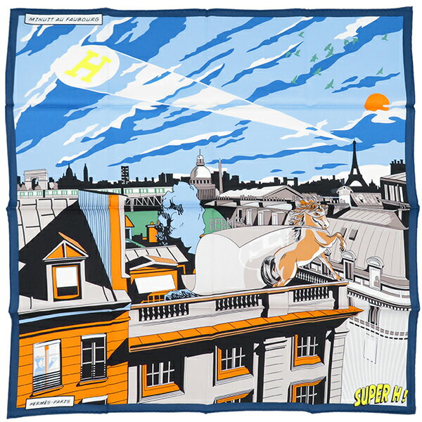 エルメス HERMES スカーフ カレ70 シルク ブルー×オレンジ×ノワール 【Minuit au Faubourg/ミッドナイトフォーブル】新品 未使用 【箱】【中古】のサムネイル