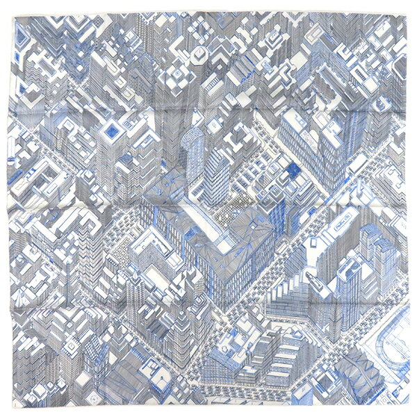 エルメス HERMES スカーフ カレ90 CARRE シルク ホワイト×ブラック×ブルー 【PANTIN CITY/パンタンシティ】 【箱】【中古】のサムネイル