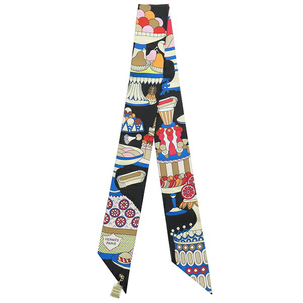 エルメス HERMES スカーフ ツイリー シルク ブラック×ホワイト×ブルー 【LA PATISSERIE FRANCAISE CHARM/パティスリーフランセーズチャーム】 【箱】【中古】のサムネイル