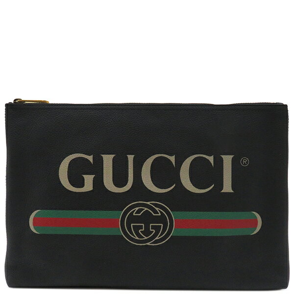 グッチ GUCCI クラッチバッグ ポートフォリオ レザー ブラック ゴールド金具 ロゴプリント 黒 500984 【箱】【中古】