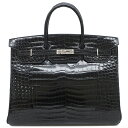 \最大3万円割引クーポン数量限定5/1-5/3/ エルメス HERMES ハンドバッグ バーキン40 ポロサス ブラック シルバー金具 黒 クロコ □I刻印 【...