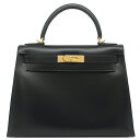\最大3万円割引クーポン数量限定/ エルメス HERMES 2WAYバッグ ケリー28 外縫い ボックスカーフ ブラック ゴールド金具 黒 ショルダー □D刻印...