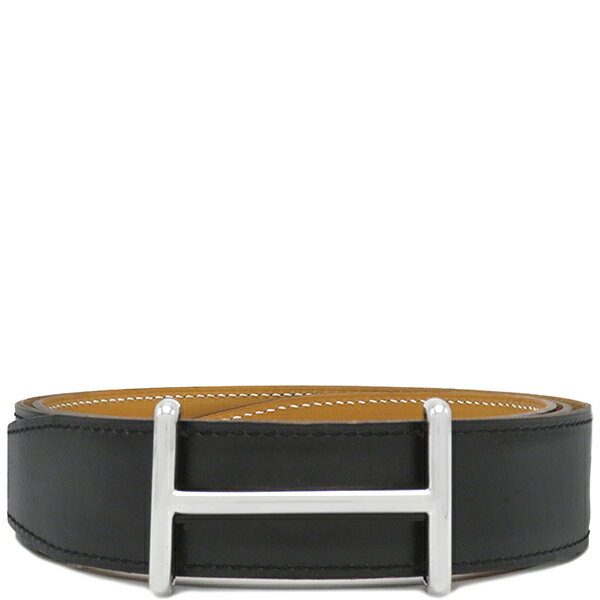 \最大3万円割引クーポン数量限定 7/11まで/ エルメス HERMES ベルト Hダンクル #90 ボックスカーフ ブラック×キャメル #90 シルバー金具 リバーシブル Hバックル 黒 茶 □H刻印 【箱】【中古】