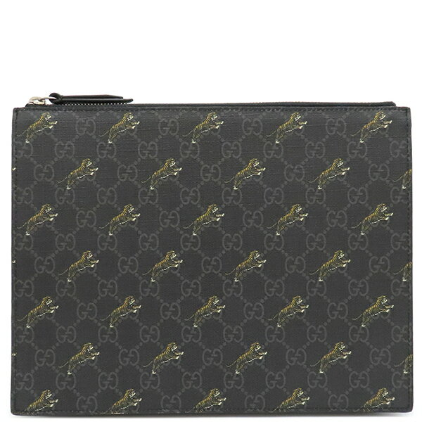 グッチ GUCCI クラッチバッグ タイガープリント GGスプリームキャンバス レザー ブラック ガンメタル金具 黒 セカンドバッグ 575136【中古】