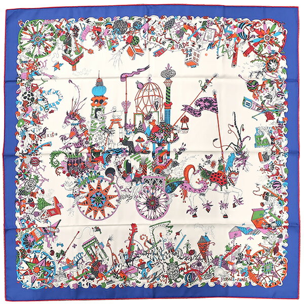 エルメス HERMES スカーフ カレ90 CARRE シルク ブルー×ホワイト×マルチカラー 【LA FOLLE PARADE/ラ フォル パラード】 【中古】のサムネイル