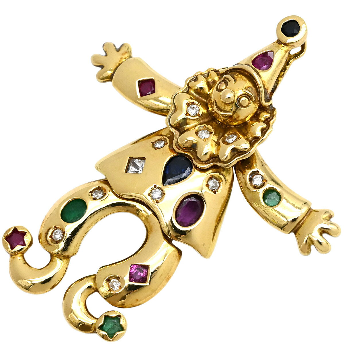ペンダントトップ K18YG ダイヤモンド サファイア ルビー エメラルド イエローゴールド×マルチカラー Au750 18K 18金 ダイヤ マルチストーン ダンシングピエロモチーフ アンティーク 【中古】