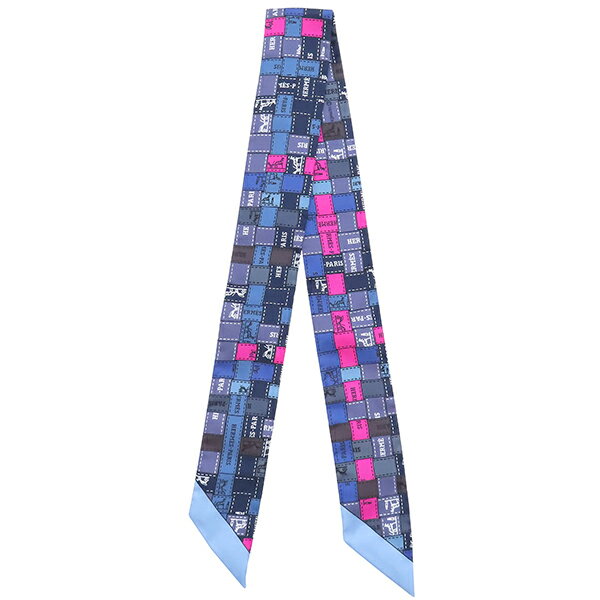 エルメス HERMES スカーフ ツイリー シルク ブルー×ルージュヴィフ×グレー 【BOLDUC AU CARRE/ボルデュ..