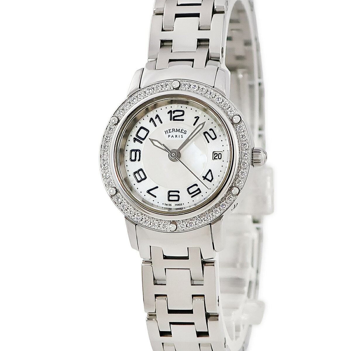 エルメス HERMES クリッパー ナクレ CP1.230 純正ダイヤ シェル デイト アラビア レディース 腕時計クオーツ シルバー 【中古】