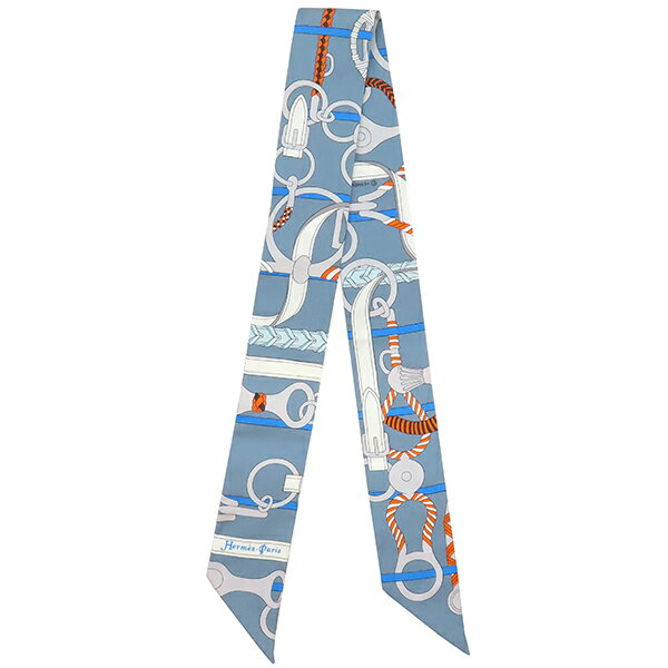 エルメス HERMES スカーフ ツイリー シルク グリス×シエル×オレンジ 【PANOPLIE EQUESTRE/乗馬の装具一..