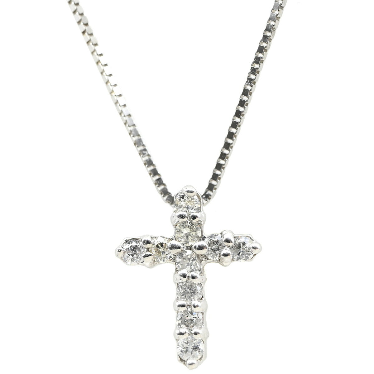 乐天商城 - ＼最大5万円割引クーポン 数量限定 5/1から／ ネックレス ダイヤ クロス ペンダント ホワイトゴールド 0.1ct 10P 10石 10粒 十字架 ミニ スモール ホワイトゴールド K10WG ベネチアンチェーン 【中古】