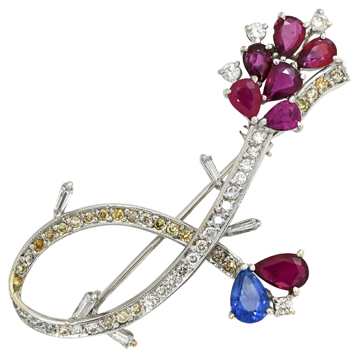 ブローチ ルビー ブルーサファイア ダイヤ ホワイトゴールド K14 WG 赤 青フラワー Jモチーフ ピンブローチ 【中古】