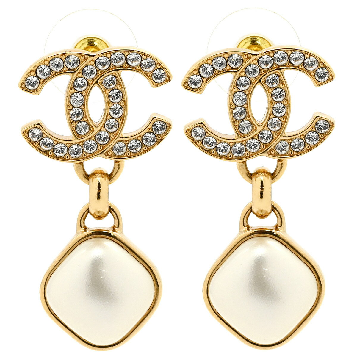 シャネル CHANEL ピアス ココマーク パール GP フェイクパール ラインストーン ゴールド CCマーク スイング B24P 【箱】【中古】