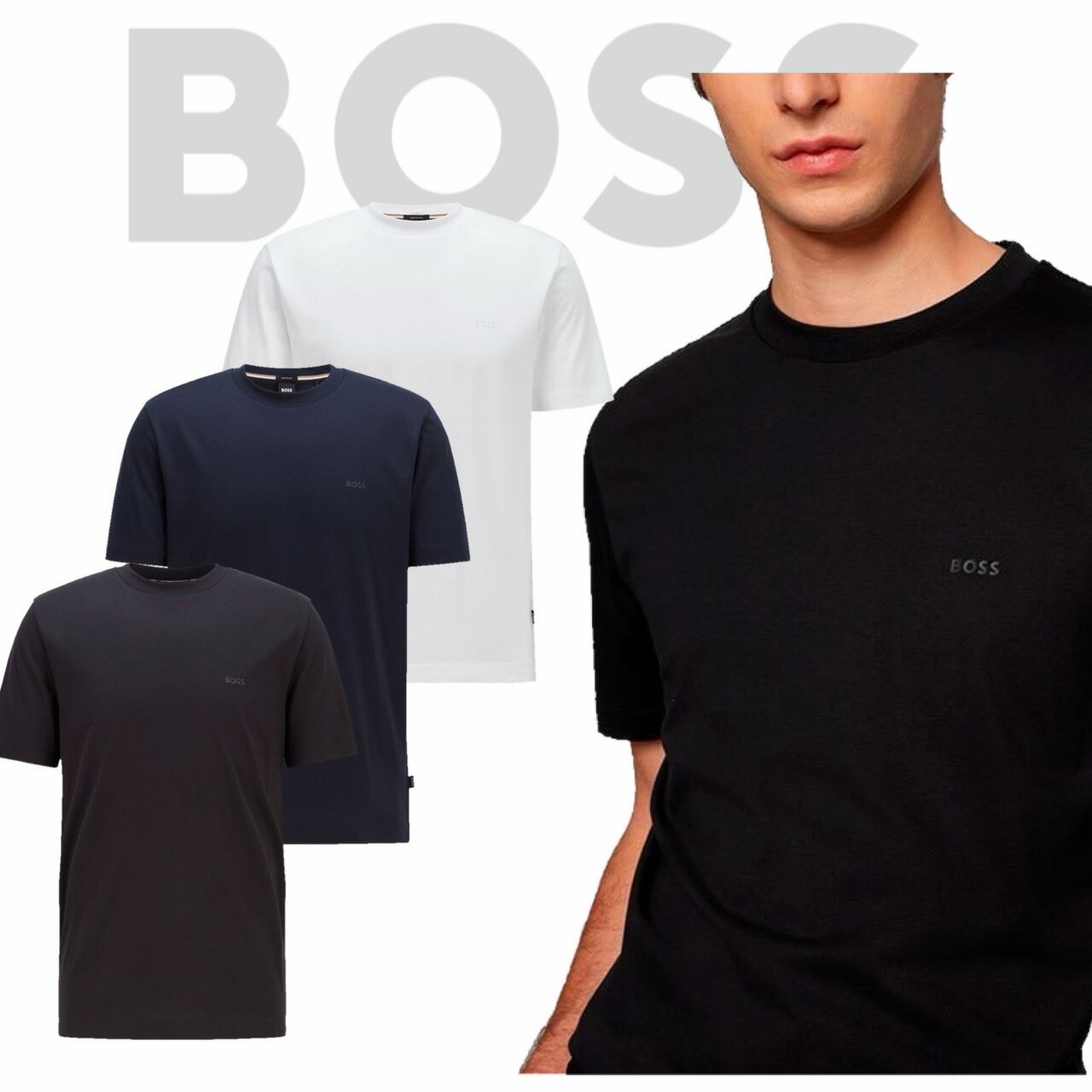 楽天MY COLORHUGO BOSS ヒューゴボス Tシャツ Thompson 01 T-Shirt クルーネック 半袖 シャツ メンズ ロゴ ネイビー ホワイト 正規品 ブランド 大谷翔平 選手 愛用 ブランド