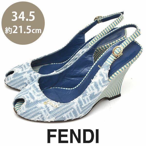 【10％オフクーポン対象_お買い物マラソン限定】フェンディ FENDI ロゴ ストライプ デニム ウェッジソール サンダル ライトブルー 青 34.5(約21.5cm) sh22-7678【中古】【返品可】