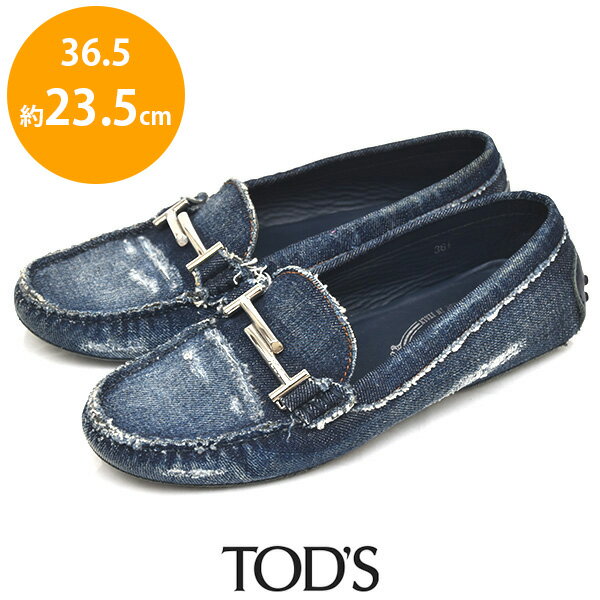 【10％オフクーポン対象_お買い物マラソン限定】トッズ TOD'S Tロゴ バックル ダメージデニム ローファー フラットシューズ ドライビングシューズ ブルー 青 36.5(約23.5cm) sh23-0648【中古】【返品可】