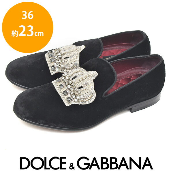 【美品】ドルチェ＆ガッバーナ DOLCE&GABBANA クラウン 王冠 ベロア オペラシューズ フラットシューズ ブラック 黒 36 約23cm sh23-0914【中古】【あす楽】【送料無料】【返品可】【AW】