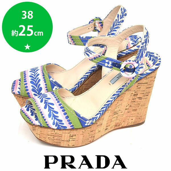 【10％オフクーポン対象_お買い物マラソン限定】【美品】プラダ PRADA 柄 キャンバス コルクウェッジソール サンダル ブルーマルチ 青 38(約25cm) sh24-0982【中古】【返品可】