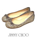 【GW限定10%オフクーポン】【美品】ジミーチュウ/ジミーチュー JIMMY CHOO バックロゴ グリッター リボン バレエシューズ フラットシューズ ゴール...