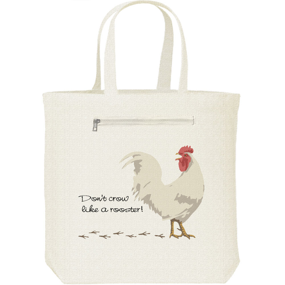 鶏（にわとり）が文句を言っています。＜ロゴ部分＞ Don't crow like a rooster!（得意になるな、大はしゃぎするな！）　